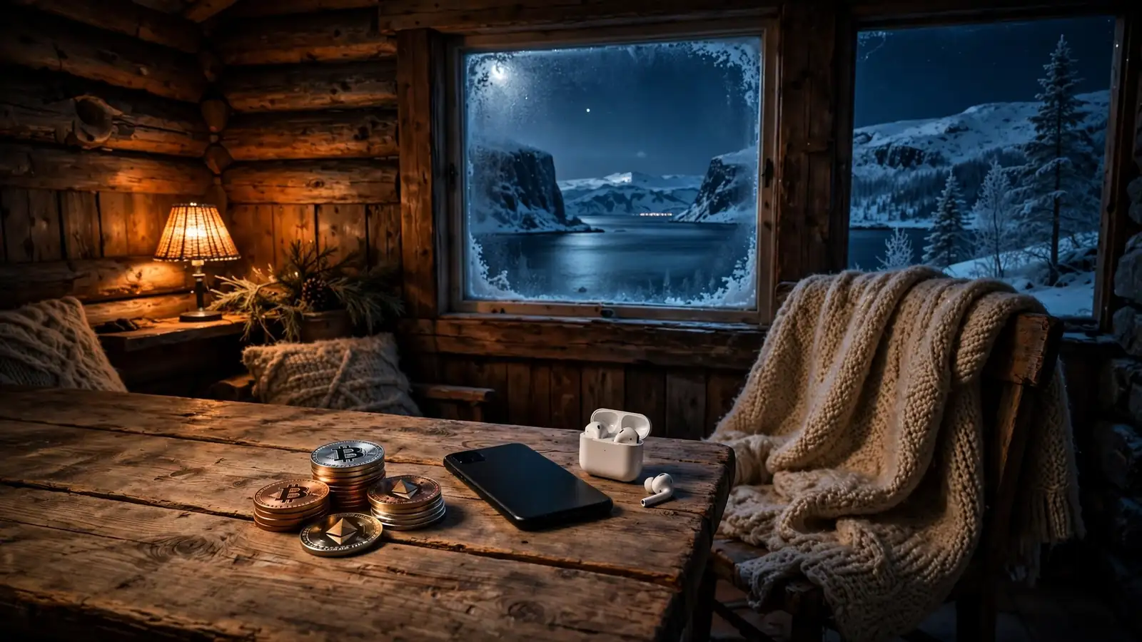 Krypto-mynter på et trebord i en norsk hytte med snødekt fjord utenfor vinduet