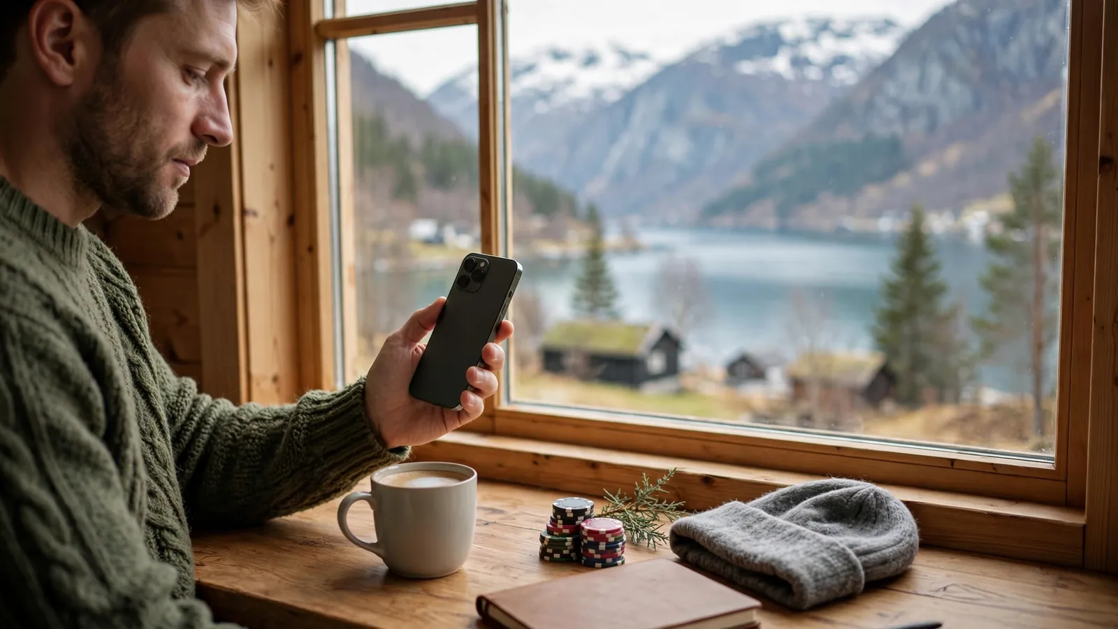 Person ved skrivebord med telefon og pokerbrikker, norsk fjord i bakgrunnen