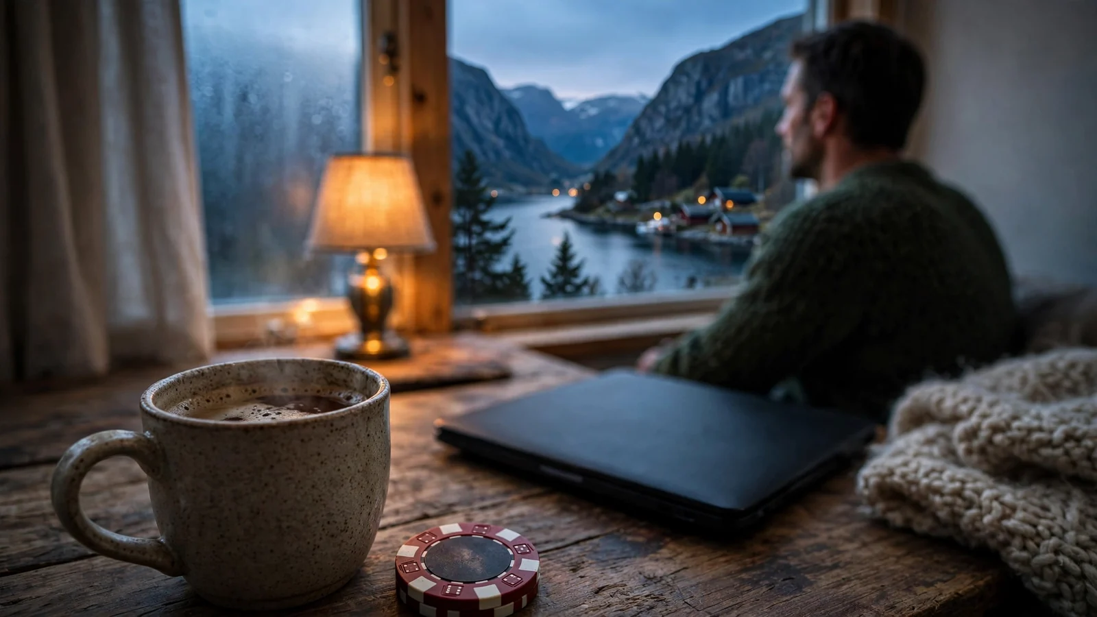 Lukket laptop og pokerchip ved et norsk skrivebord med utsikt over en fjord