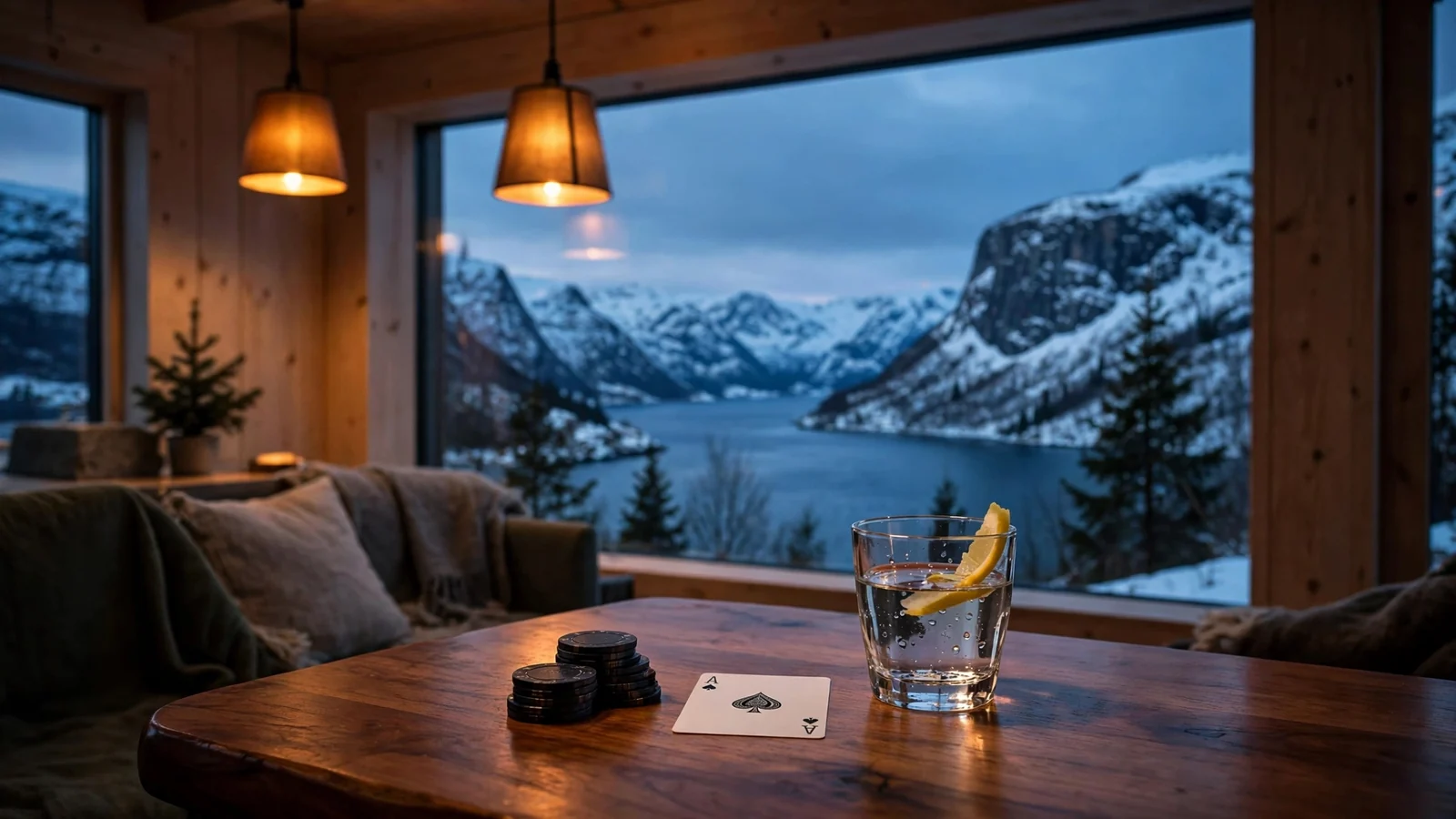 Norsk lounge med casinobrikker, kort og aquavit ved skumring