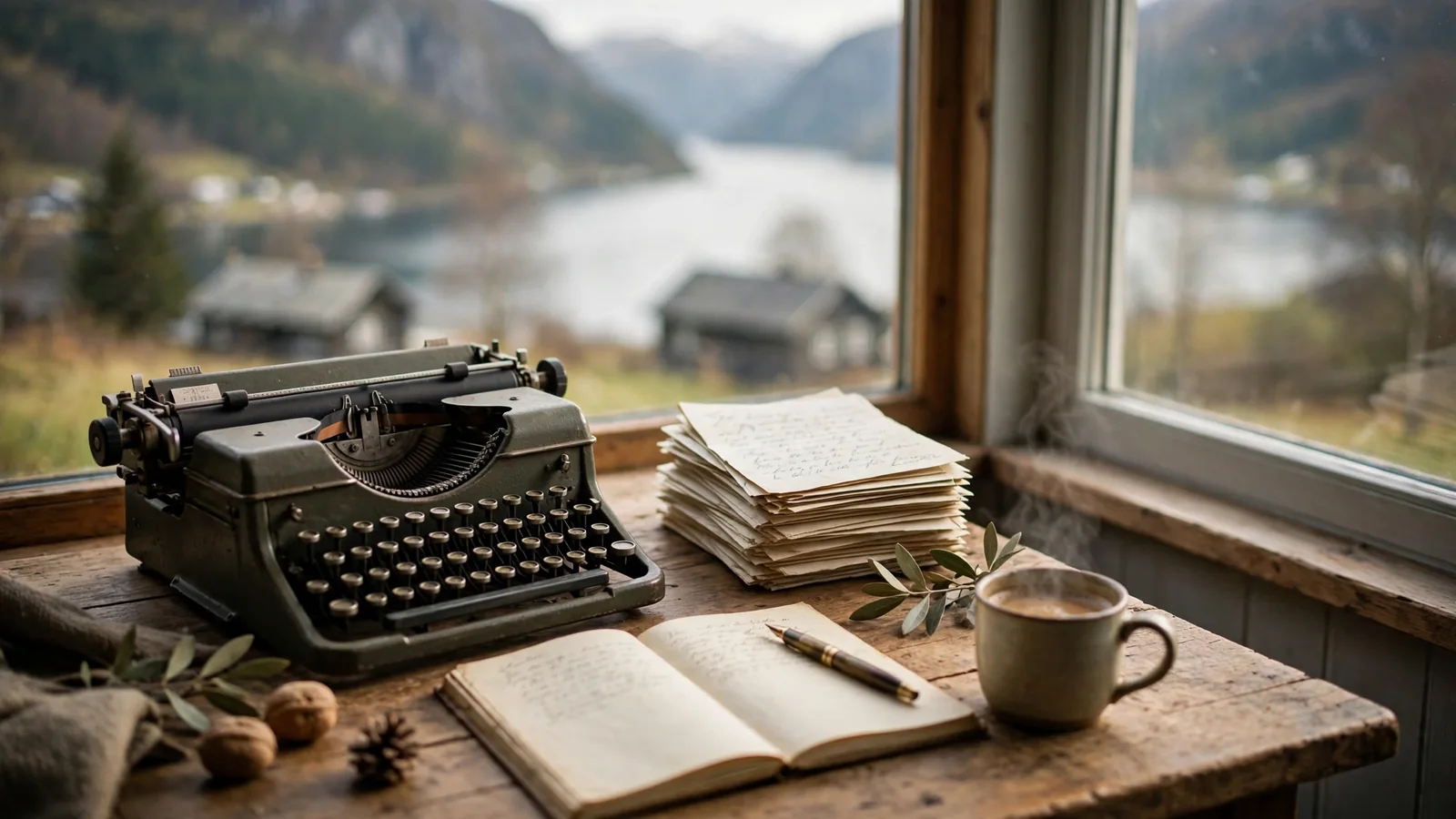 Skrivebord med skrivemaskin, brev og kaffe ved et vindu med norsk fjord