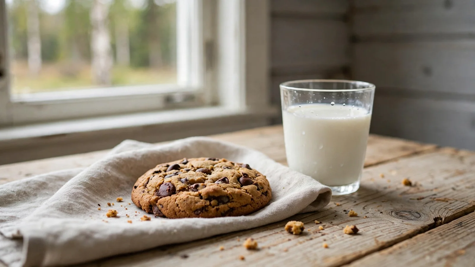 Ny bakt informasjonskapsel på trebord med melk