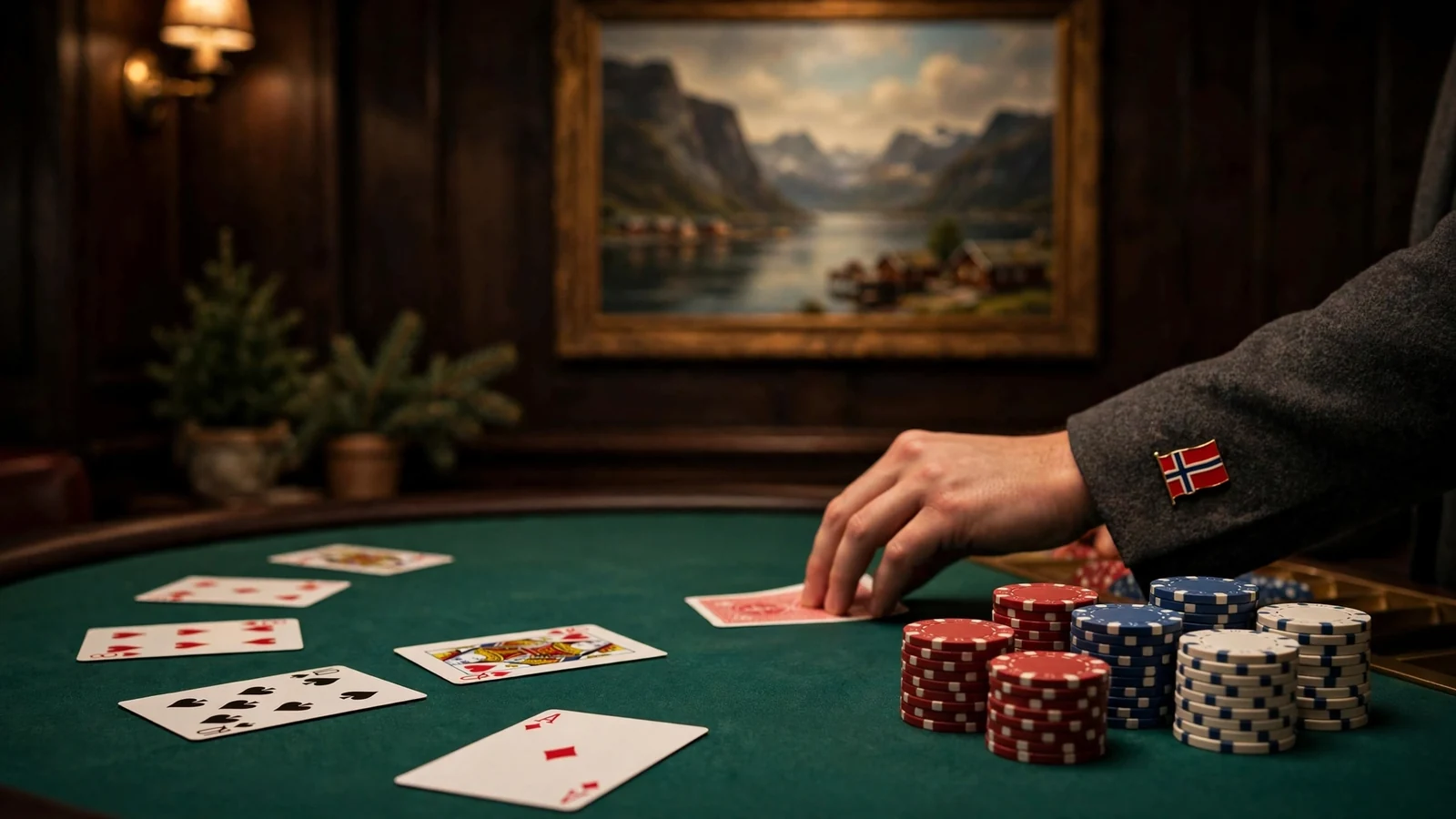Blackjack-bord med kort og jetonger i et casino