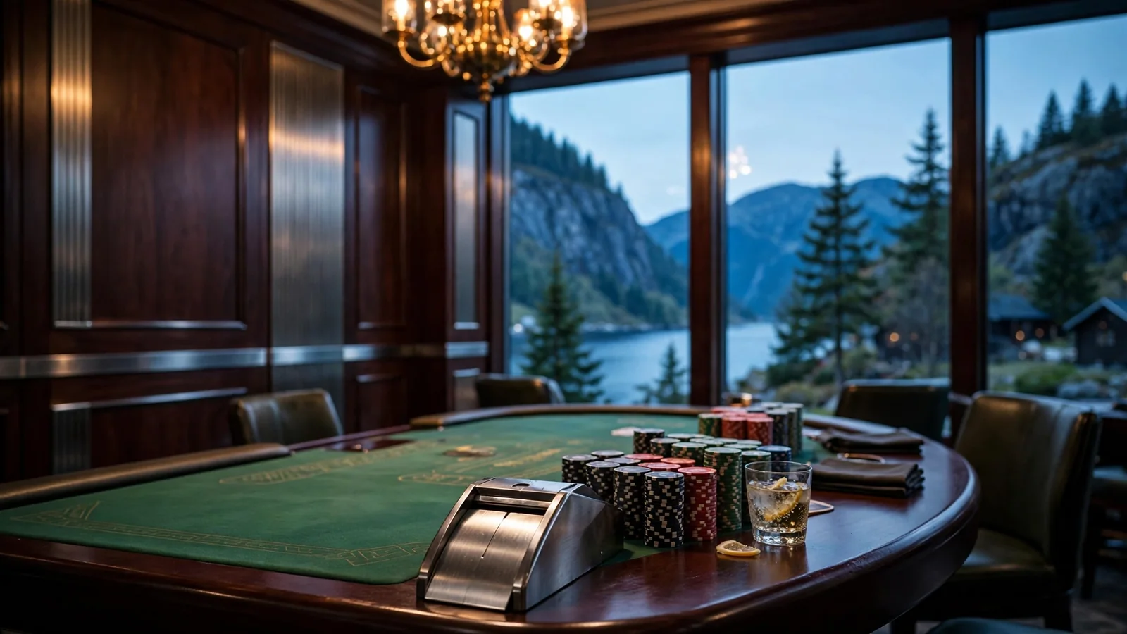 Eksklusivt highroller-bord i et norsk casino med chipstakler og norsk akevitt