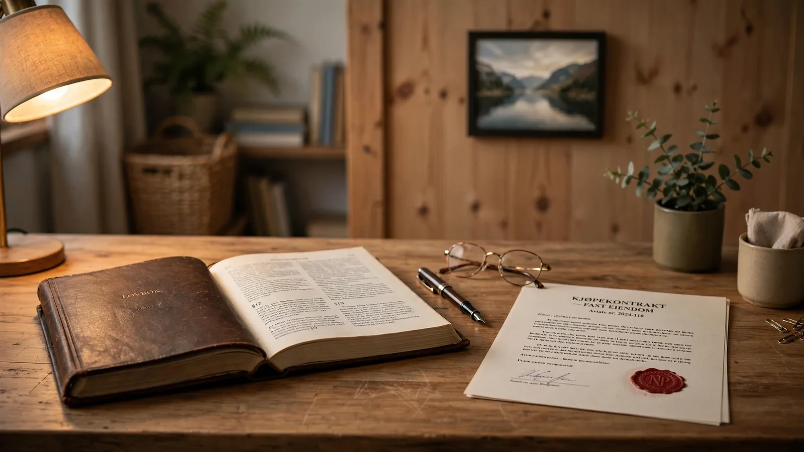 Skrivebord med juridisk bok, penn og briller i et rolig norsk hjemmekontor
