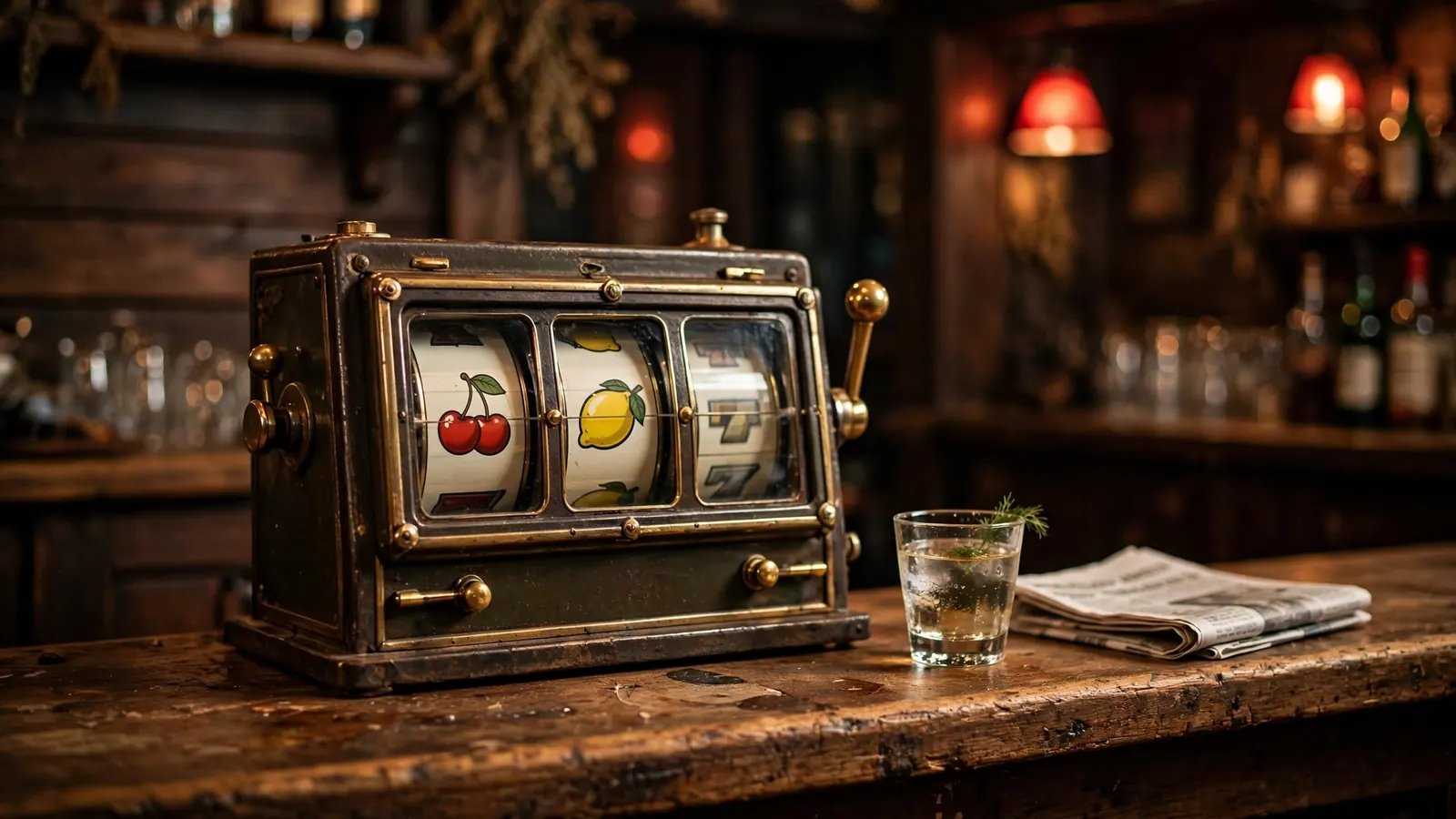 En klassisk spilleautomat med tre hjul på en bar i en norsk pub