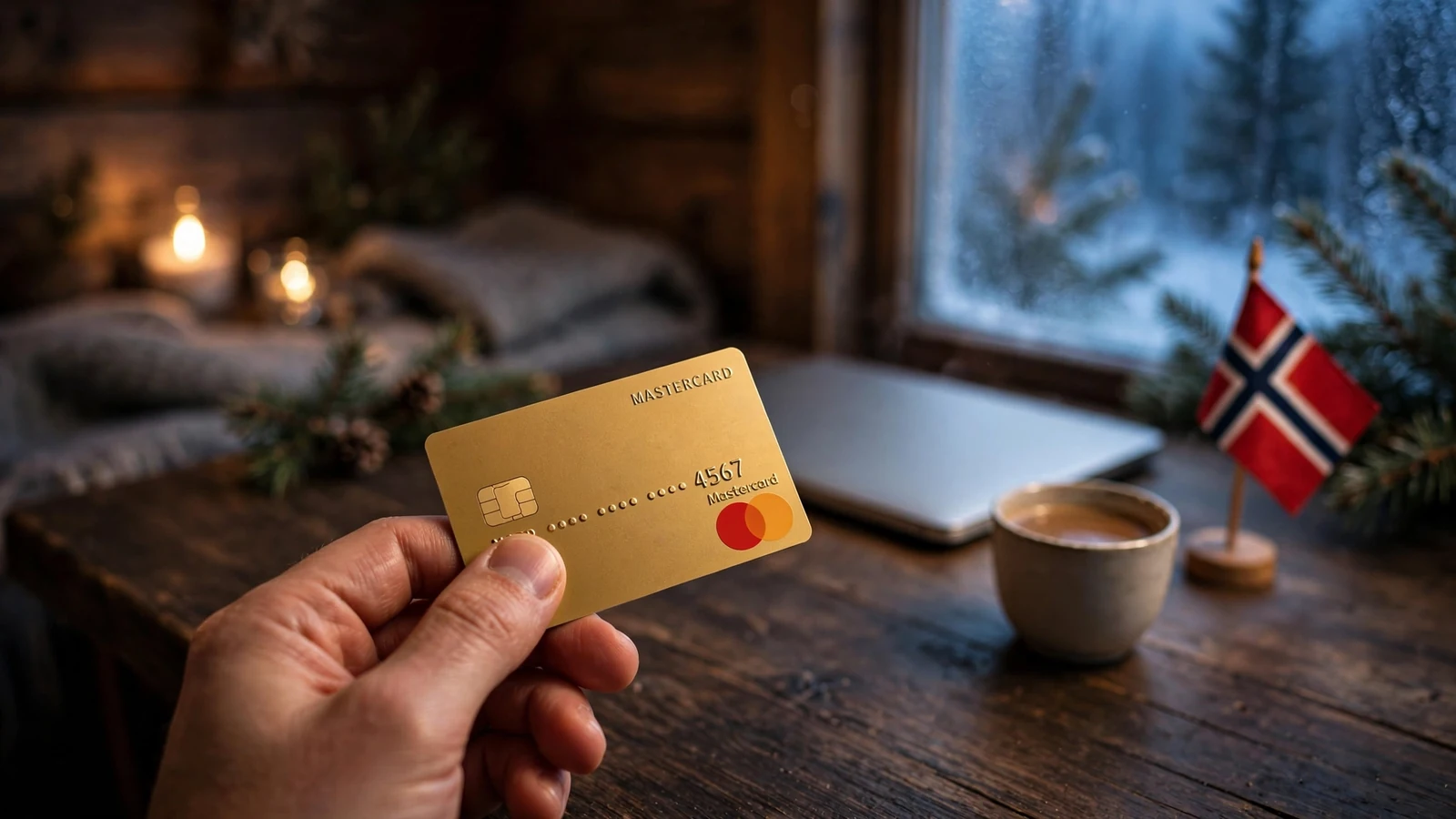 Hånd som holder et Mastercard-kort på et bord i en norsk hytte
