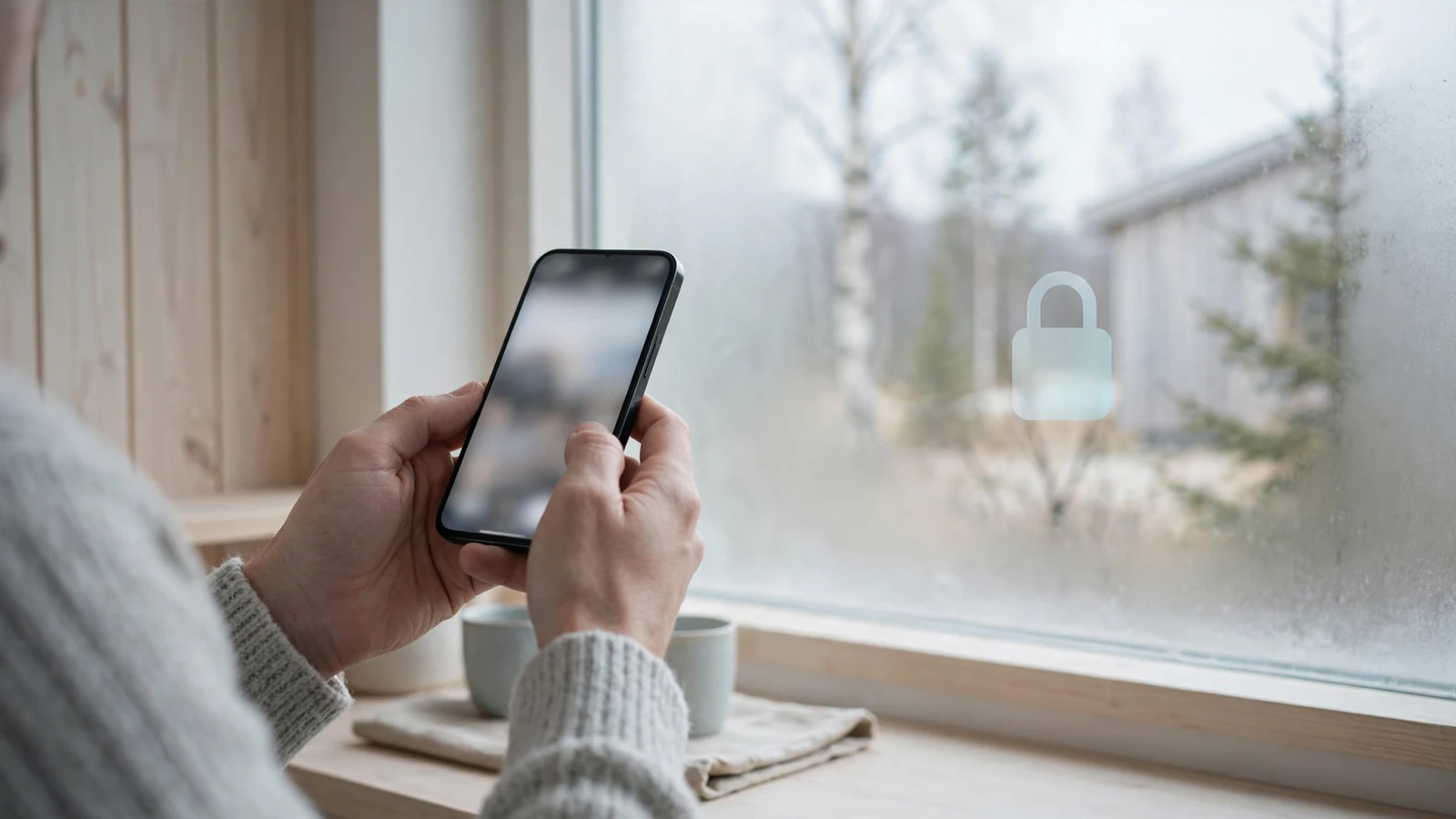 Hendler som holder en telefon nær et frostete vindu, symboliserer personvern og datasikkerhet.