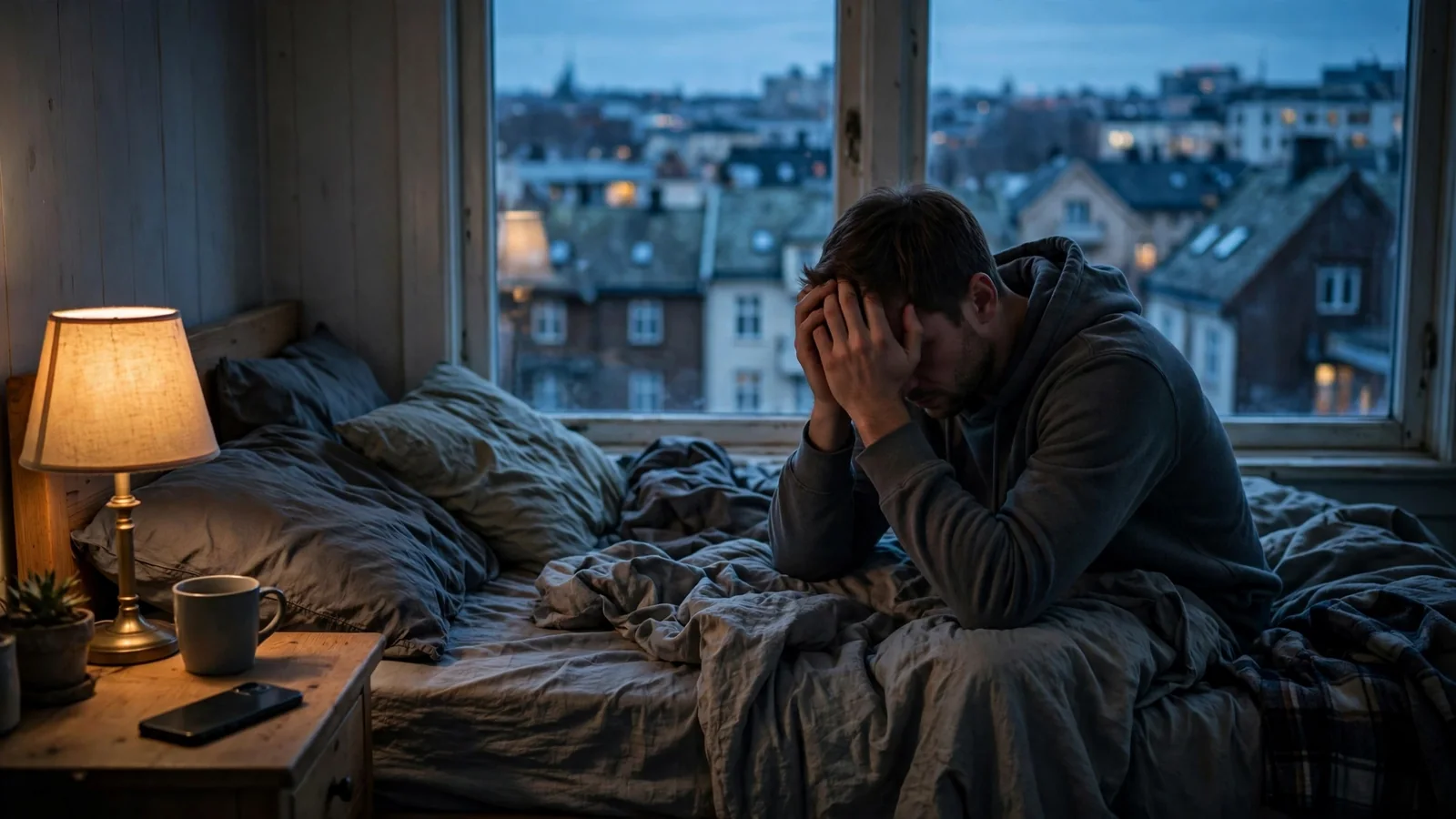 En ensom mann sitter på sengekanten med hodet i hendene, etterlatt telefon med skjermen ned.